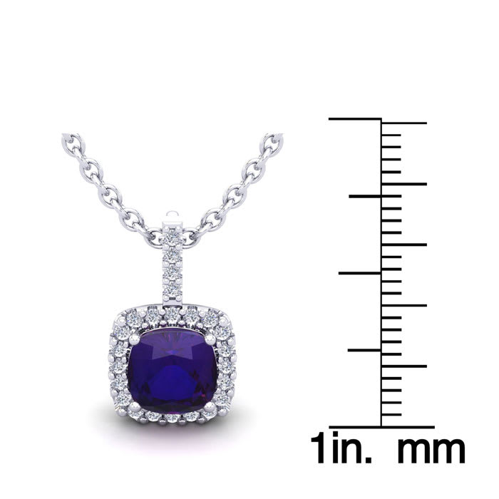 1 3/4 Carat Cushion Cut Amethyst and Halo Diamond Necklace In 14 Karat White Gold, 18 Inches