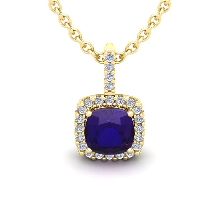 1 3/4 Carat Cushion Cut Amethyst and Halo Diamond Necklace In 14 Karat Yellow Gold, 18 Inches
