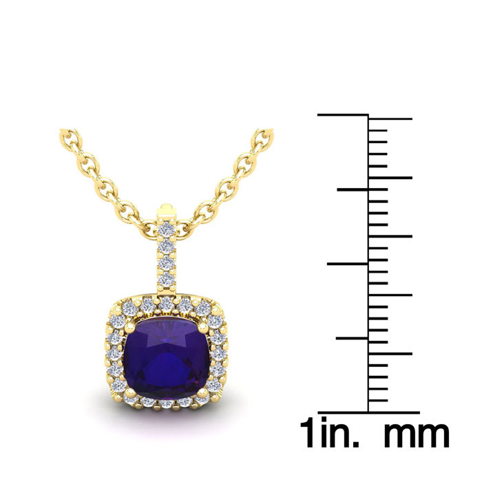 1 3/4 Carat Cushion Cut Amethyst and Halo Diamond Necklace In 14 Karat Yellow Gold, 18 Inches