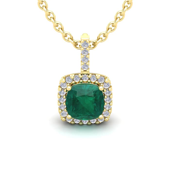 2 Carat Cushion Shape Emerald Necklaces With Diamond Halo In 14 Karat Yellow Gold, 18 Inch Chain