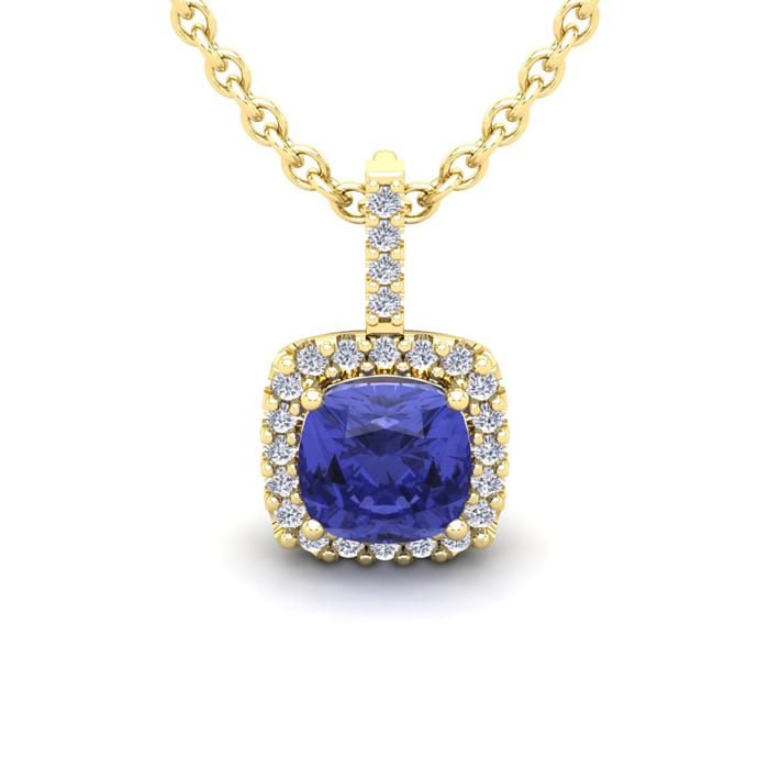 1 3/4 Carat Cushion Cut Tanzanite and Halo Diamond Necklace In 14 Karat Yellow Gold, 18 Inches