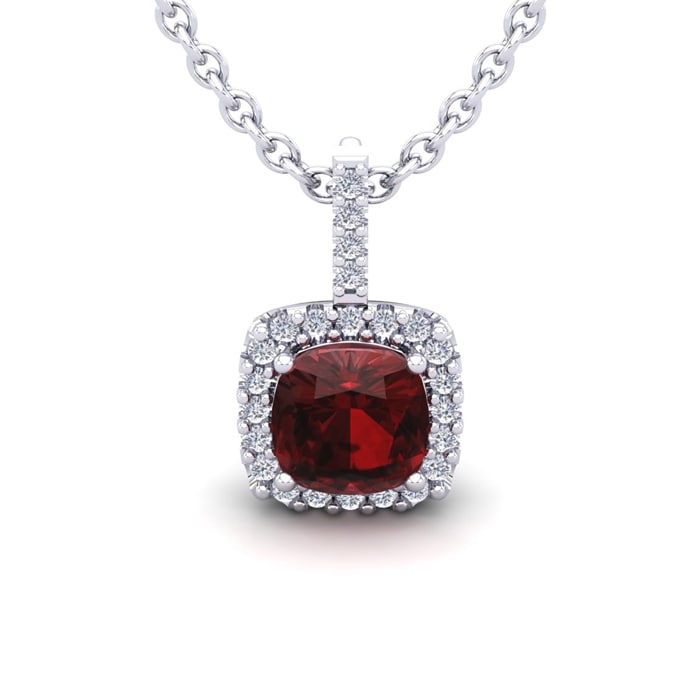Garnet Necklace: Garnet Jewelry: 1 3/4 Carat Cushion Cut Garnet and Halo Diamond Necklace In 14 Karat White Gold, 18 Inches
