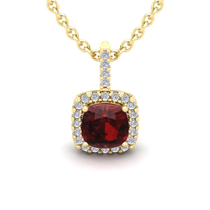 Garnet Necklace: Garnet Jewelry: 1 3/4 Carat Cushion Cut Garnet and Halo Diamond Necklace In 14 Karat Yellow Gold, 18 Inches