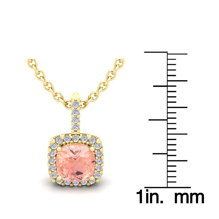 2 Carat Cushion Shape Morganite Necklace with Diamond Halo In 14 Karat Yellow Gold With 18 Inch Chain