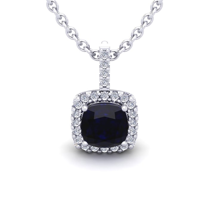 2 Carat Cushion Cut Sapphire and Halo Diamond Necklace In 14 Karat White Gold, 18 Inches
