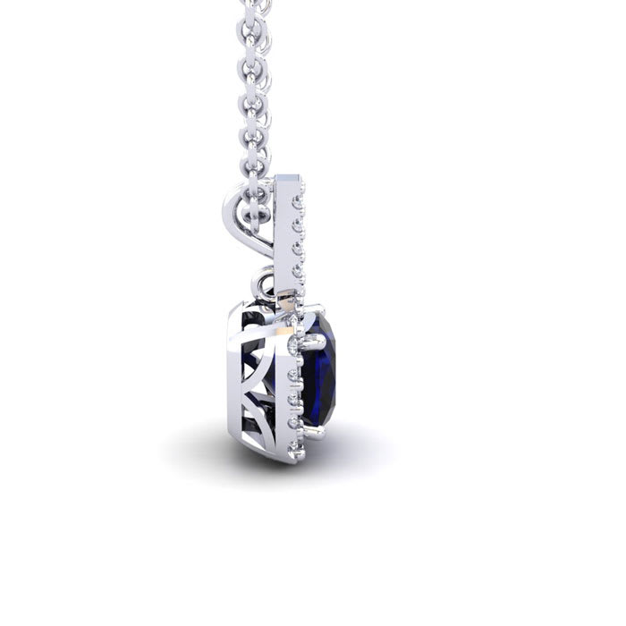 2 Carat Cushion Cut Sapphire and Halo Diamond Necklace In 14 Karat White Gold, 18 Inches