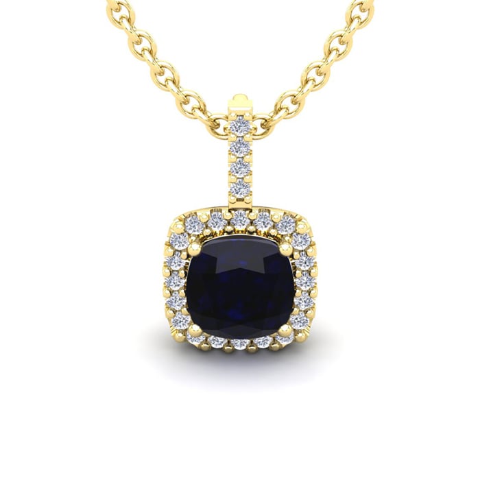 2 Carat Cushion Cut Sapphire and Halo Diamond Necklace In 14 Karat Yellow Gold, 18 Inches
