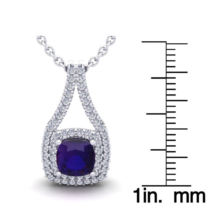 1 Carat Cushion Cut Amethyst and Double Halo Diamond Necklace In 14 Karat White Gold, 18 Inches