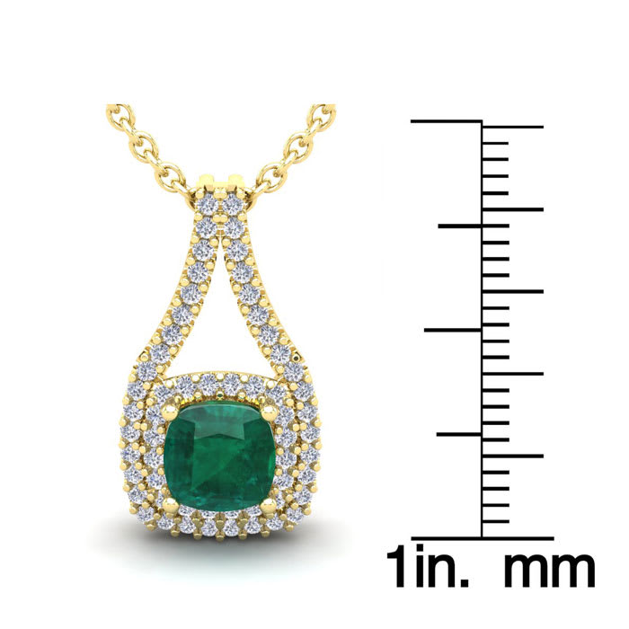 1-1/2 Carat Cushion Shape Emerald Necklaces With Double Halo Diamonds In 14 Karat Yellow Gold, 18 Inch Chain