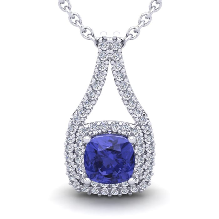 1 1/3 Carat Cushion Cut Tanzanite and Double Halo Diamond Necklace In 14 Karat White Gold, 18 Inches