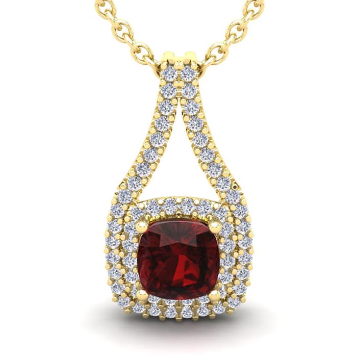 Garnet Necklace: Garnet Jewelry: 1 1/2 Carat Cushion Cut Garnet and Double Halo Diamond Necklace In 14 Karat Yellow Gold, 18 Inches