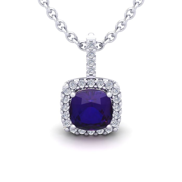 2 1/2 Carat Cushion Cut Amethyst and Halo Diamond Necklace In 14 Karat White Gold, 18 Inches