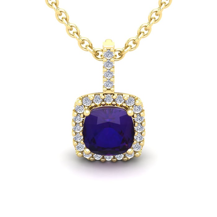 2 1/2 Carat Cushion Cut Amethyst and Halo Diamond Necklace In 14 Karat Yellow Gold, 18 Inches