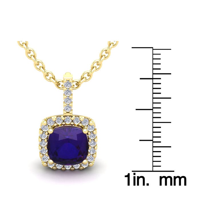 2 1/2 Carat Cushion Cut Amethyst and Halo Diamond Necklace In 14 Karat Yellow Gold, 18 Inches