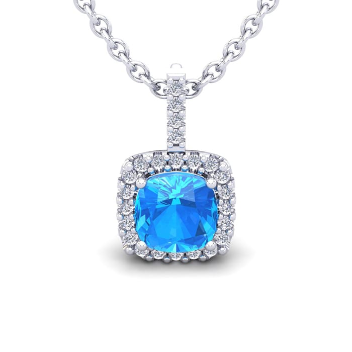 3 Carat Cushion Cut Blue Topaz and Halo Diamond Necklace In 14 Karat White Gold, 18 Inches