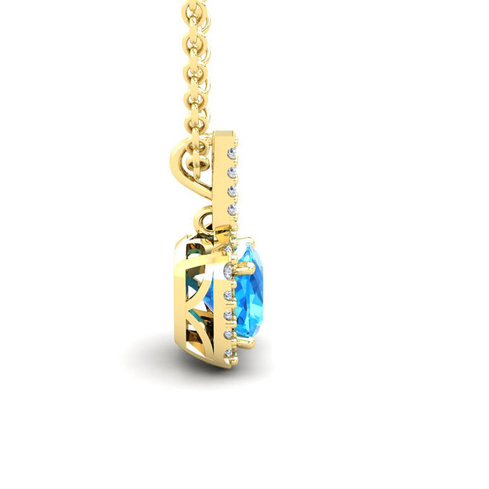 3 Carat Cushion Cut Blue Topaz and Halo Diamond Necklace In 14 Karat Yellow Gold, 18 Inches