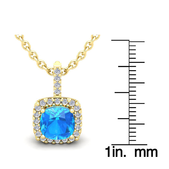3 Carat Cushion Cut Blue Topaz and Halo Diamond Necklace In 14 Karat Yellow Gold, 18 Inches