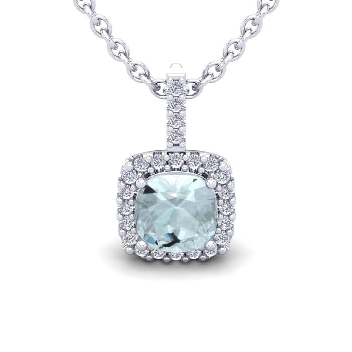 Aquamarine Necklace: Aquamarine Jewelry: 2 1/2 Carat Cushion Cut Aquamarine and Halo Diamond Necklace In 14 Karat White Gold, 18 Inches