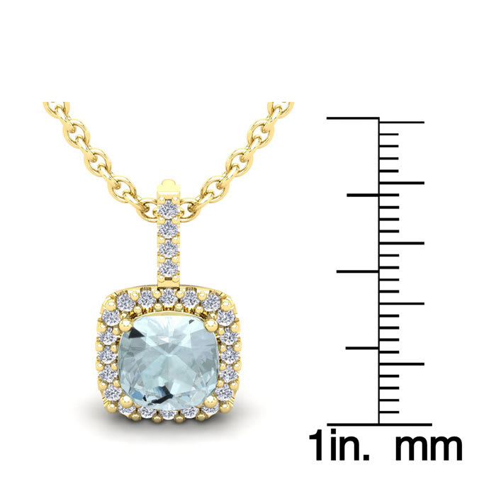 Aquamarine Necklace: Aquamarine Jewelry: 2 1/2 Carat Cushion Cut Aquamarine and Halo Diamond Necklace In 14 Karat Yellow Gold, 18 Inches
