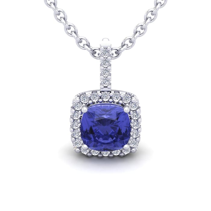 3 Carat Cushion Cut Tanzanite and Halo Diamond Necklace In 14 Karat White Gold, 18 Inches