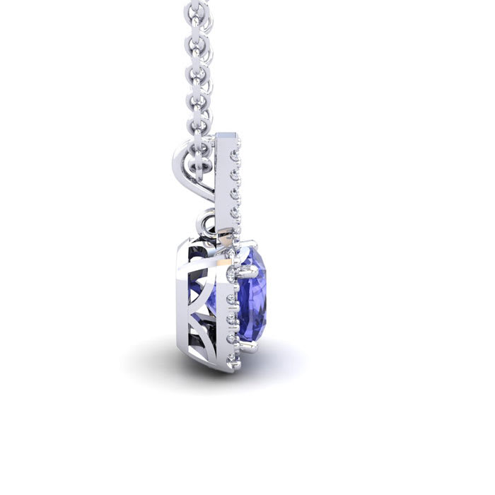 3 Carat Cushion Cut Tanzanite and Halo Diamond Necklace In 14 Karat White Gold, 18 Inches