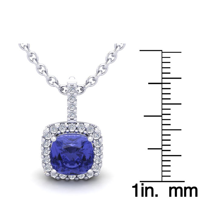 3 Carat Cushion Cut Tanzanite and Halo Diamond Necklace In 14 Karat White Gold, 18 Inches