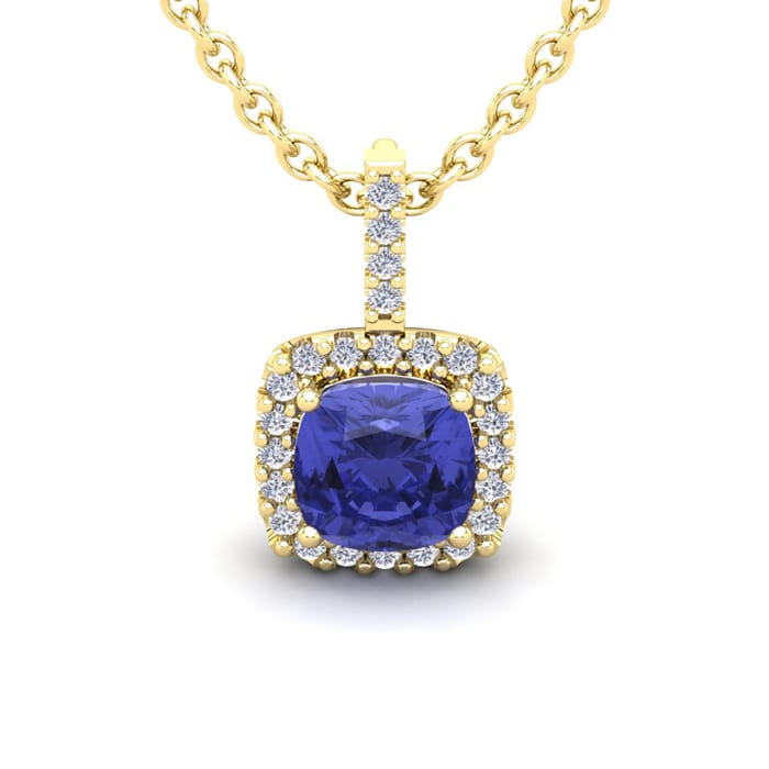 3 Carat Cushion Cut Tanzanite and Halo Diamond Necklace In 14 Karat Yellow Gold, 18 Inches