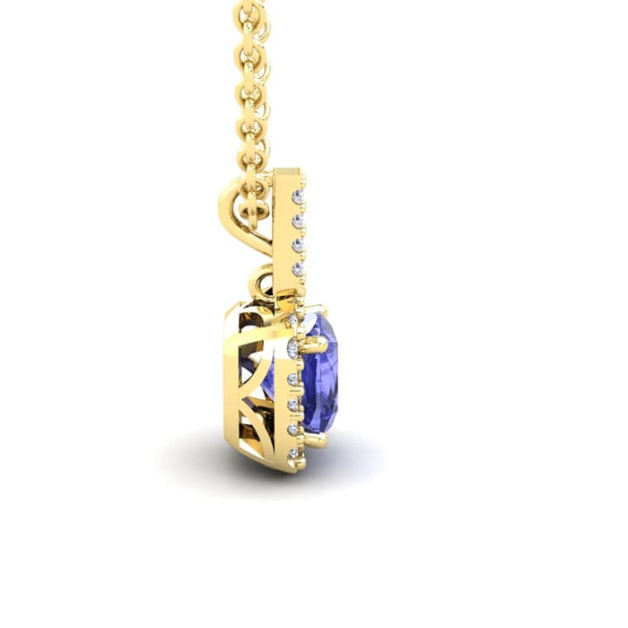 3 Carat Cushion Cut Tanzanite and Halo Diamond Necklace In 14 Karat Yellow Gold, 18 Inches