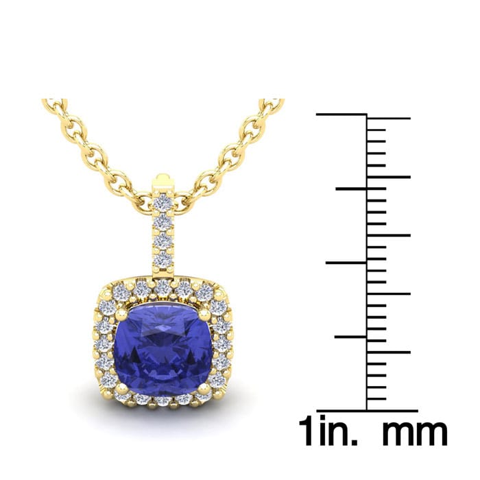 3 Carat Cushion Cut Tanzanite and Halo Diamond Necklace In 14 Karat Yellow Gold, 18 Inches