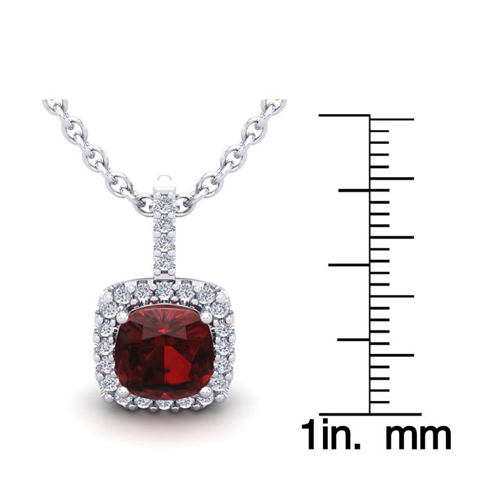 Garnet Necklace: Garnet Jewelry: 3 1/2 Carat Cushion Cut Garnet and Halo Diamond Necklace In 14 Karat White Gold, 18 Inches