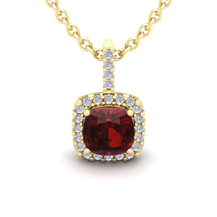 Garnet Necklace: Garnet Jewelry: 3 1/2 Carat Cushion Cut Garnet and Halo Diamond Necklace In 14 Karat Yellow Gold, 18 Inches