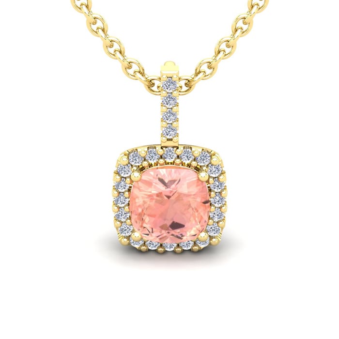 3-1/2 Carat Cushion Shape Morganite with Diamond Halo In 14 Karat Yellow Gold With 18 Inch Chain