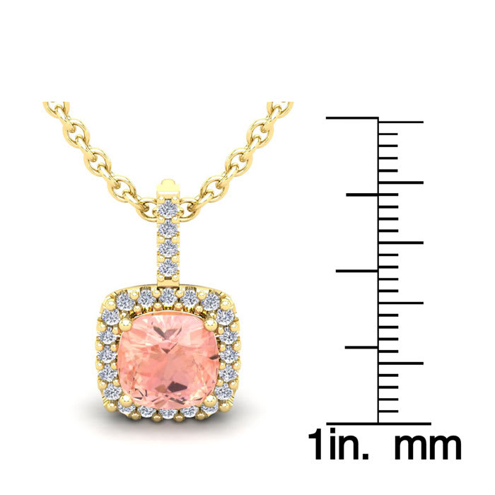 3-1/2 Carat Cushion Shape Morganite with Diamond Halo In 14 Karat Yellow Gold With 18 Inch Chain
