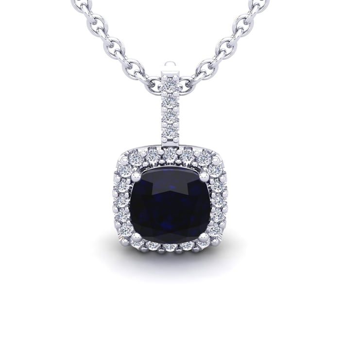 3 1/2 Carat Cushion Cut Sapphire and Halo Diamond Necklace In 14 Karat White Gold, 18 Inches
