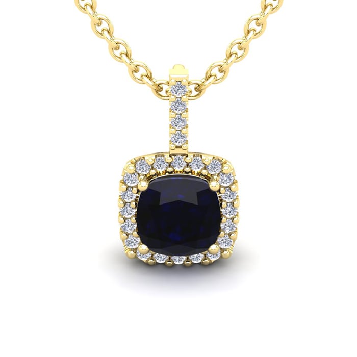 3 1/2 Carat Cushion Cut Sapphire and Halo Diamond Necklace In 14 Karat Yellow Gold, 18 Inches