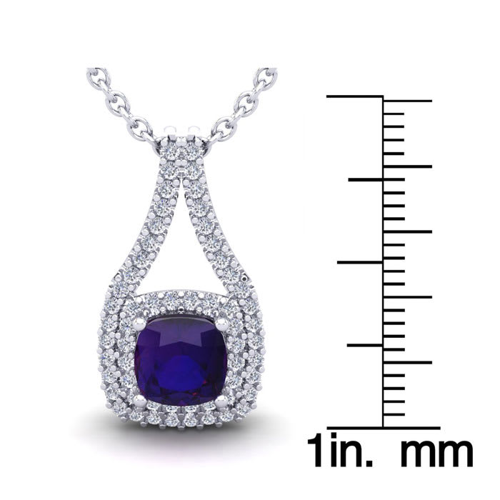 2 Carat Cushion Cut Amethyst and Double Halo Diamond Necklace In 14 Karat White Gold, 18 Inches