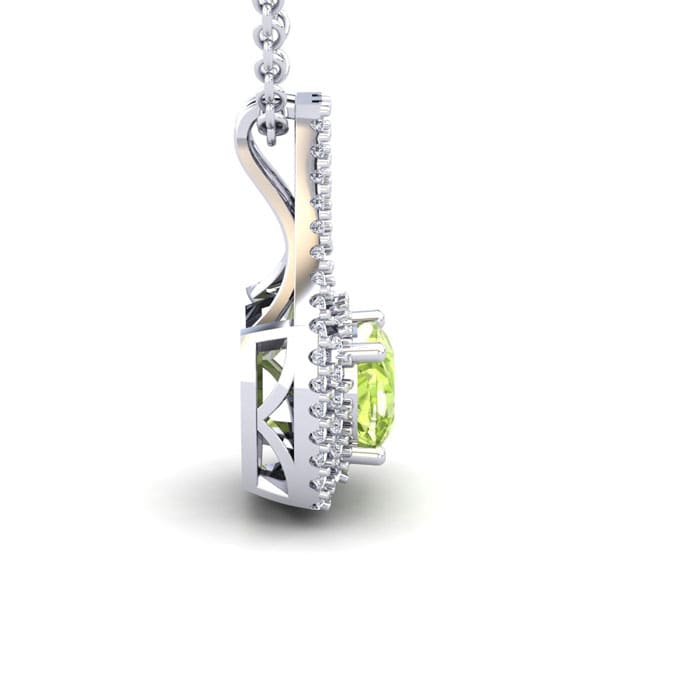 2 Carat Cushion Cut Peridot and Double Halo Diamond Necklace In 14 Karat White Gold, 18 Inches