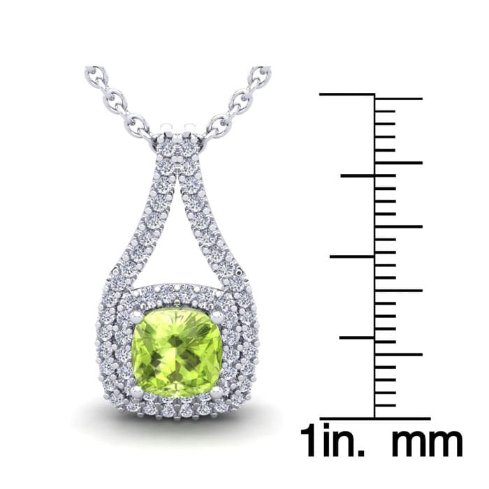 2 Carat Cushion Cut Peridot and Double Halo Diamond Necklace In 14 Karat White Gold, 18 Inches