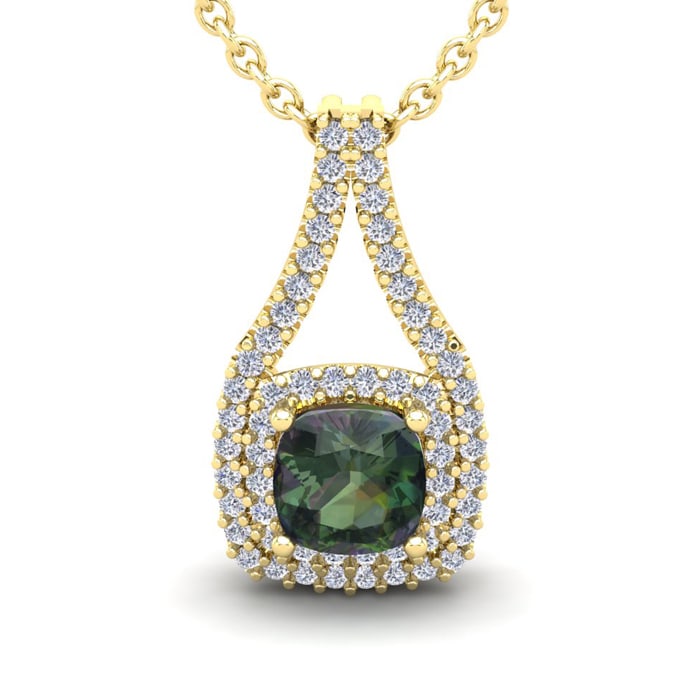 2-1/4 Carat Cushion Shape Mystic Topaz Necklace With Double Diamond Halo In 14 Karat Yellow Gold, 18 Inches