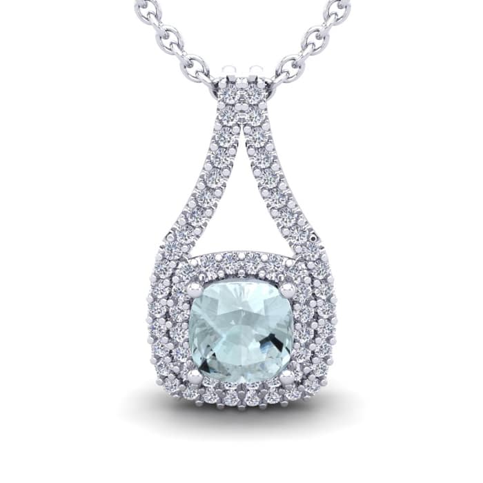 Aquamarine Necklace: Aquamarine Jewelry: 2 1/4 Carat Cushion Cut Aquamarine and Double Halo Diamond Necklace In 14 Karat White Gold, 18 Inches