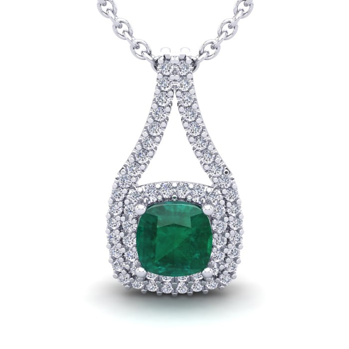2 Carat Cushion Shape Emerald Necklaces With Double Halo Diamonds In 14 Karat White Gold, 18 Inch Chain