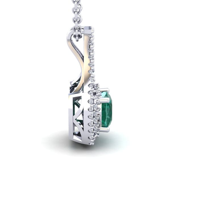 2 Carat Cushion Shape Emerald Necklaces With Double Halo Diamonds In 14 Karat White Gold, 18 Inch Chain