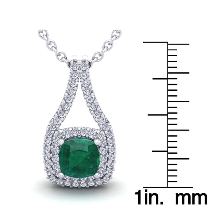 2 Carat Cushion Shape Emerald Necklaces With Double Halo Diamonds In 14 Karat White Gold, 18 Inch Chain