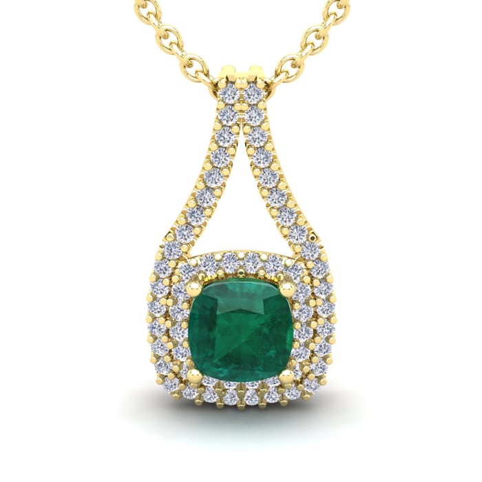 2 Carat Cushion Shape Emerald Necklaces With Double Halo Diamonds In 14 Karat Yellow Gold, 18 Inch Chain