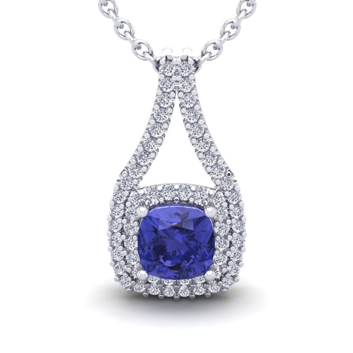 2 Carat Cushion Cut Tanzanite and Double Halo Diamond Necklace In 14 Karat White Gold, 18 Inches