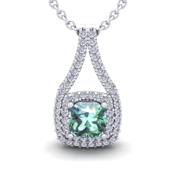 2 Carat Cushion Cut Green Amethyst and Double Halo Diamond Necklace In 14 Karat White Gold, 18 Inches