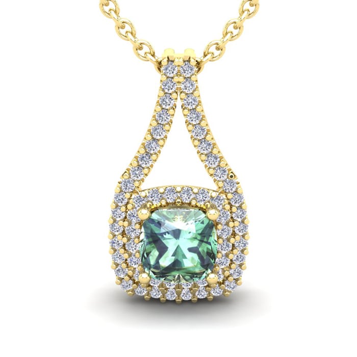 2 Carat Cushion Cut Green Amethyst and Double Halo Diamond Necklace In 14 Karat Yellow Gold, 18 Inches