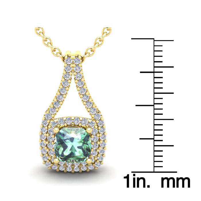 2 Carat Cushion Cut Green Amethyst and Double Halo Diamond Necklace In 14 Karat Yellow Gold, 18 Inches