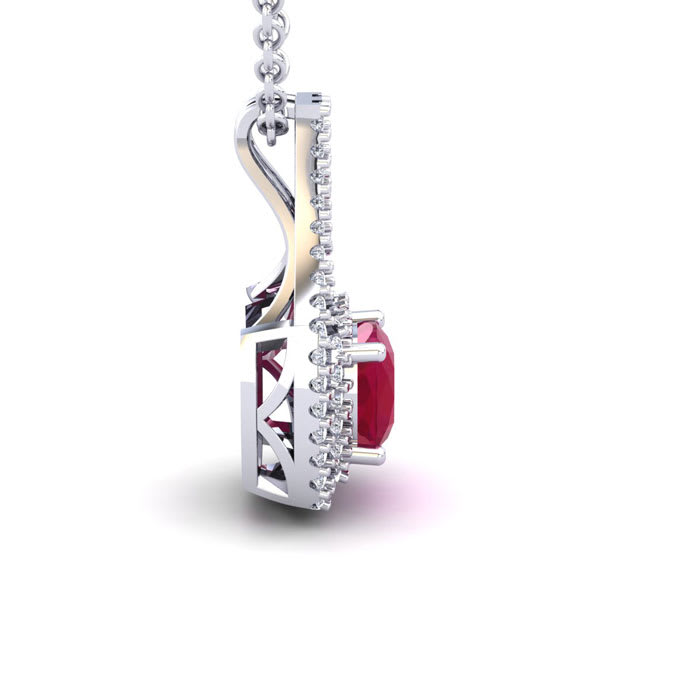 2 1/3 Carat Cushion Cut Ruby and Double Halo Diamond Necklace In 14 Karat White Gold, 18 Inches