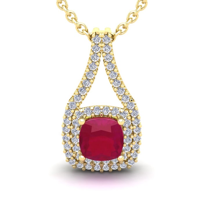 2 1/3 Carat Cushion Cut Ruby and Double Halo Diamond Necklace In 14 Karat Yellow Gold, 18 Inches